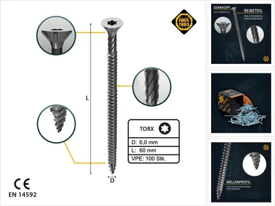 Produktbild von FORTE Tools Universal Holzschraube 6,0 x 60 mm T30 100 Stk. ( 000040113889 ) silber verzinkt Torx Senkkopf Vollgewinde