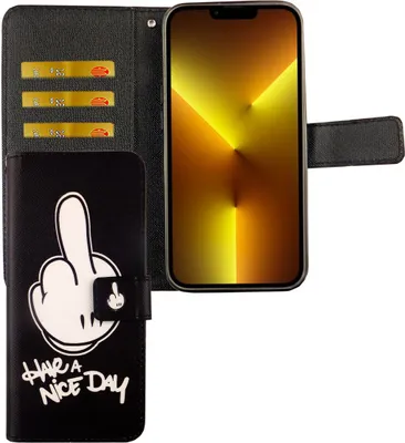 Produktbild von Apple iPhone 13 Tasche Handy Hülle Schutz-Cover Flip-Case mit Kartenfach, Farbe:Have A Nice Day Schwarz