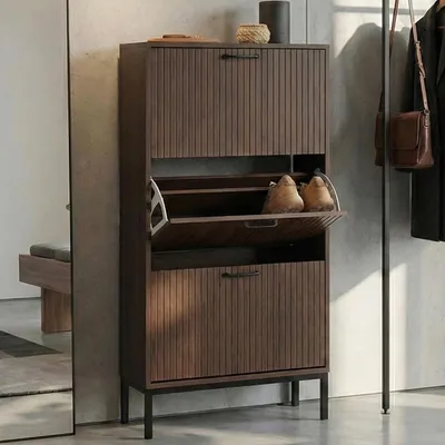 Zdjęcie produktu dla Wywrotka do butów HWC-P48, szafka na buty, 3 uchylne przegródki półka MDF melamina 125x60x25cm ~ orzechowy wygląd