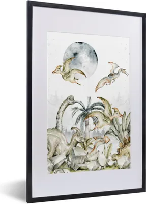 Produktbild von MuchoWow® Gerahmtes Poster Dinosaurier - Kinder - Dschungel - Grün - Tiere - Natur 40x60 cm - Poster mit Schwarzem Bilderrahmen Wandposter Rahmen Foto Bilder - Poster in Rahmen