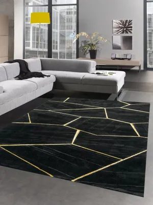 Produktbild von Teppich Wohnzimmer geometrisches Muster schwarz gold Größe - 240 x 340 cm