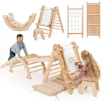 Image de Structure d'escalade d'intérieur extra large 6 en 1 pour les tout-petits - échelle triangulaire, arche, rampe d'escalade, filet et coussins, accessoire artistique, structure d'escalade Montessori.