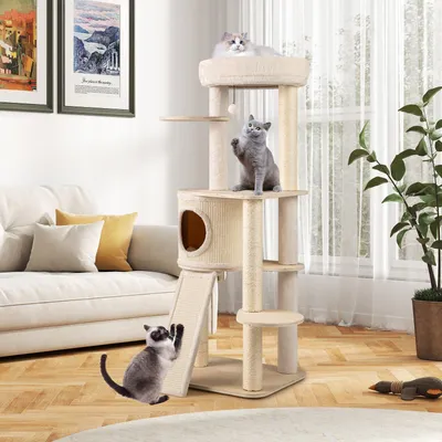 Immagine prodotto di Torre per gatti - Tiragraffi - Albero per gatti - Pali da arrampicata - Casetta per gatti - Altezza: 143 cm - 6 piattaforme con tiragraffi in sisal