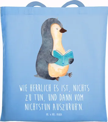 Produktbild von Mr. & Mrs. Panda Shopping Tasche Pinguin Buch - Sky Blue - Geschenk, Einkaufstasche, Tragetasche, Urlaub, Tote Bag, canvas, Jutebeutel