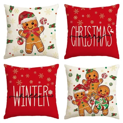 Produktbild von Kissenbezüge 4er Set 40x40 cm Weihnachten Lebkuchenmann Schneeflocken Rot Polyester