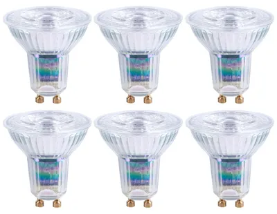 Imagen del producto de 6 bombillas LED de alta calidad, con reflector de vidrio, 6,5W, casquillo GU10, 570 lúmenes, luz blanca cálida (2700K), ángulo de iluminación de 36°