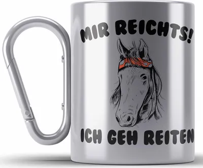 Produktbild von Trendation - Reiterin Edelstahl Tasse Karabiner - Mir Reichts Ich Geh Reiten - Pferde Edelstahl Tasse Karabiner Karabiner Edelstahl Tasse Karabiner Edelstahl Mädchen Geschenk Pferdeliebhaber Sprüch (Silber)