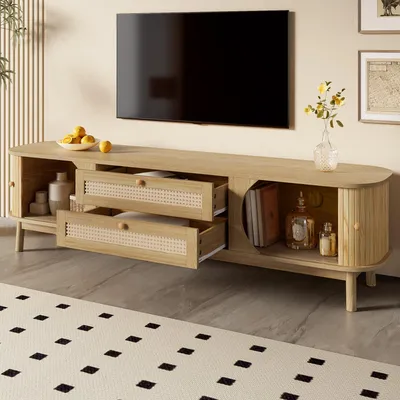 Image de Meuble TV - Meuble de télévision - Rangement TV - Meuble bas - Meuble multimédia - Bois avec aspect rotin