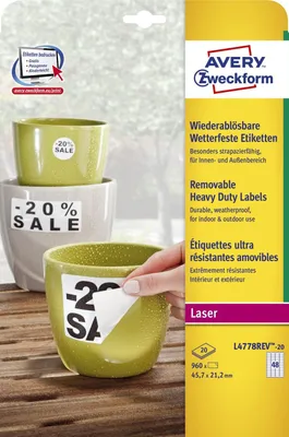 Immagine prodotto di Avery Zweckform L4778REV - poliestere - opaco - autoadesivo, adesivo rimovibile - bianco - 45,7 x 21,2 mm 960 etichette (20 fogli x 48) etichette in pellicola (L4778REV-20)