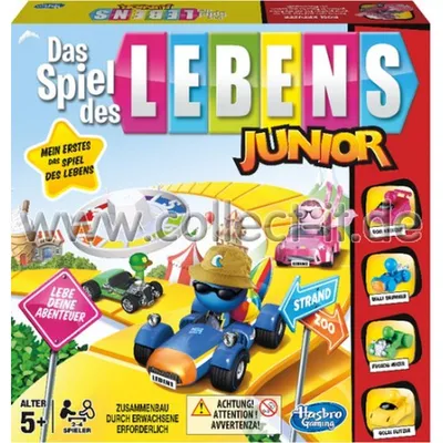 The image shows the box of the board game "Das Spiel des Lebens Junior". The box features colorful graphics of cartoon characters in cars on a game board, along with text and logos.