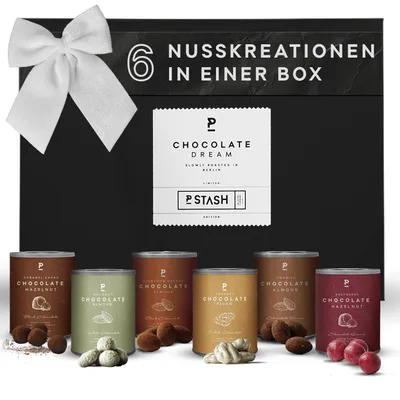Produktbild von P-Stash Black Box Nussmischung Chocolate Dream - 6er Box Nüsse Mix - Pekannüsse, Haselnüsse & Mandeln - Mixed Nuts in Schokolade
