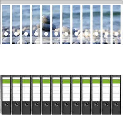 Produktbild von Wallario 12 Stück breite Ordner inkl. Klebeetiketten mit Motive Steinstapel am Strand -  Set mit Rückenschildern / Ordnerrücken Stickern