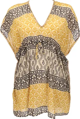 Produktbild von Leichter Kaftan mit Perlenbordüre, Boho XL Tunika, Strandtunika - Schwarz/gelb, Damen, Baumwolle, Blusen & Tunikas