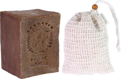 Produktbild von TUMELO Original Aleppo Seife 200g 60% Olivenöl 40% Lorbeeröl + Sisal Seifensäckchen, handgemachte Olivenölseife Naturseife