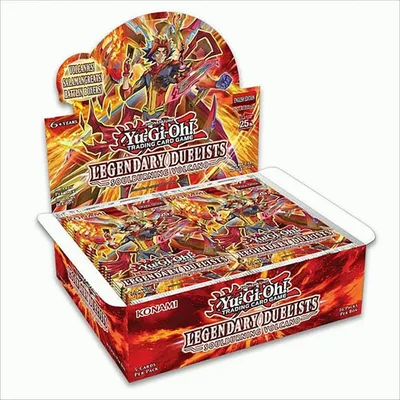 A display box of Yu-Gi-Oh! Legendary Duelists Soulburning Volcano trading card game packs.