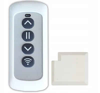 A white remote control with four buttons and a small white accessory are shown against a white background.