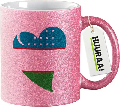 Produktbild von Huuraa Glitzertasse Usbekistan Flagge Herz 330ml Pink Keramik Kaffeebecher Geschenkidee