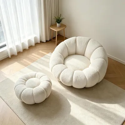 Produktbild von Sofa mit Fußhocker, 2-teiliges Sofaset, blumenförmiges Sofa, weiß L95.5*B96*H59cm【TD-0009】