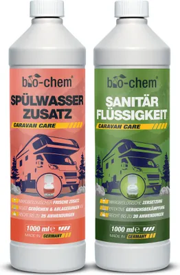 Produktbild von bio-chem Campingtoiletten-Set 2-teilig: Bio Sanitärflüssigkeit 1 l + Spülwasserzusatz inkl. Dosierbecher – Toilettenzusatz mikrobiologisch für Mobile Toiletten & Campingtoiletten – WC-Reiniger