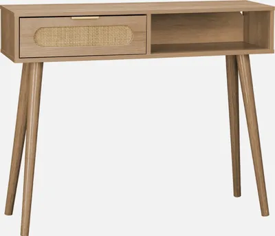 A Scandinavian console table with a wood finish and a rattan insert in the drawer.