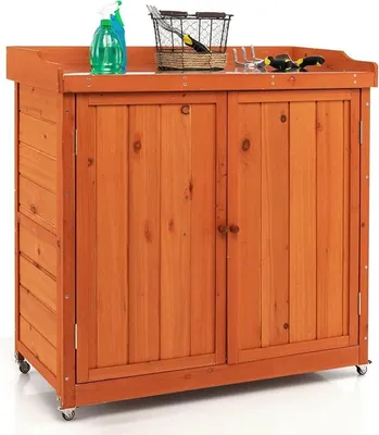 Imagen del producto de Armario de jardín con estante extraíble, armario de almacenamiento de madera para jardín con ruedas, placa de acero, armario para herramientas de 98,5 x 48 x 100 cm