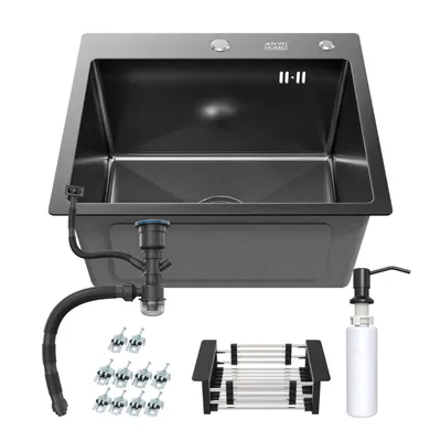 Immagine prodotto di ANW HOME lavello cucina 50x45 cm grafite PVD, acciaio inox 304, 1 vasca, installazione topmount, con sifone, dosatore e scolapiatti, nano, moderno