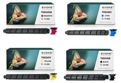 Image de Cartouches de toner compatibles Evoke pour Kyocera TK-8345 TK8345, comprenant 4 couleurs CMJN (noir, cyan, magenta, jaune), pour environ 56 000 pages, compatibles avec les modèles TASKalfa 2552ci et 2553ci