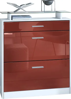 Produktbild von Vladon Schuhschrank Loret 89 x 104 x 23 cm Schuhkipper für 16 Paar Schuhe mit 1 Schublade, 1 Glasablage, Farben Weiß matt & Bordeaux Hochglanz