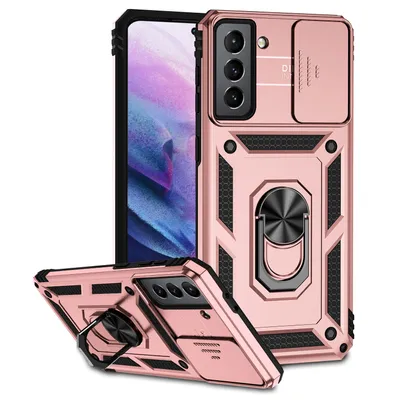 Immagine prodotto di Custodia per Samsung Galaxy S21 Plus 5G a doppio strato con copertura scorrevole della fotocamera e supporto ad anello Rosa