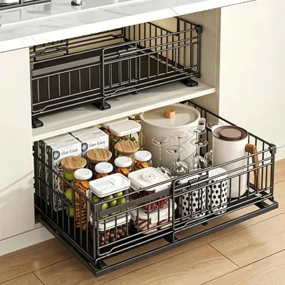 Image de Étagère coulissante pour armoire de cuisine - Étagère de rangement - Lot de 2 - 2 niveaux - Extensible - En métal - Pour épices et petits objets