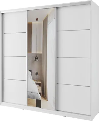 Obrázek produktu pro Šatní skříň NEJBY BARNABA 200 cm s posuvnými dveřmi, zrcadlem, 4 šuplíky a 2 šatními tyčemi, bílá