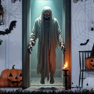 Produktbild von Halloween Türbanner Grusel Skelett Sensenmann Geist Horror Haustür Dekoration Wanddeko Hintergrund - Modell: Variante 2, Größe: 90 x 120 cm