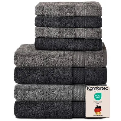 Produktbild von Komfortec 8er Handtuch Set aus 100% Baumwolle, 4 Badetücher 70x140 und 4 Handtücher 50x100 cm, Frottee, Weich, Groß, Anhtrazit Grau/Schwarz