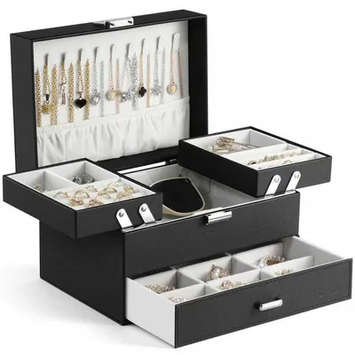 Produktbild von Schmuckkasten Schmuckkästchen Schmuckaufbewahrung - Groß mit 3 Ebenen und 1 Schublade - Schwarz - 23 x 16 x 14,5 cm - Für Ringe, Ohrringe und Halsketten
