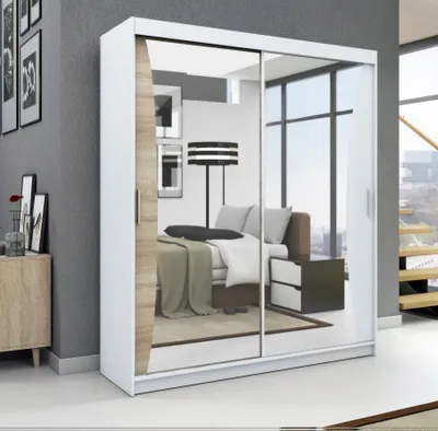Produktbild von Schwebetürenschrank, 2-türig Schrank mit Spiegel! Moderne Garderobe für Kleidung. Verschiedene Farben (Weiß, Schwarz, Somona) Kleiderschrank NIKO 180 cm