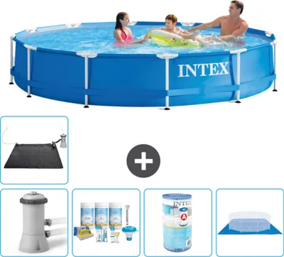 Produktbild von Intex Rundrahmen-Schwimmbecken – 366 x 76 cm – Blau – inklusive Pumpe Wartungspaket - Filter - Bodenplane - Solarmatte