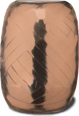 A roll of metallic rose gold ribbon.