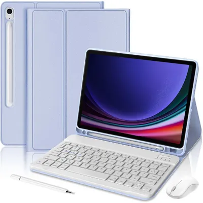 Image de Coque Clavier pour Samsung Galaxy Tab S9 (11 Pouces) CuirPolyuréthaneLavande avec Clavier Bluetooth + Stylet + Souris