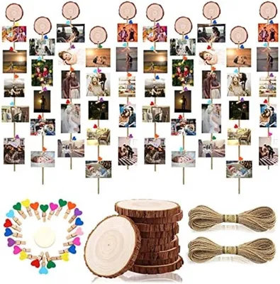 Produktbild von PolkaHome® Fotolijstenset – 10 Holzrahmen mit 50 Holzklammern und Hanfseil, 7,5 cm Ø, Wanddekoration