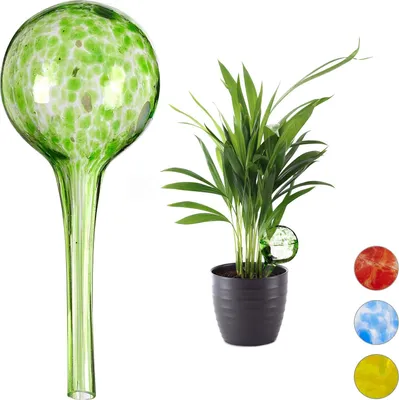 Produktbild von Relaxdays Bewässerungskugel 2er Set, dosierte Bewässerung Pflanzen u. Blumen, Gießhilfe Büro, Urlaub, Ø 6 cm, Glas, grün