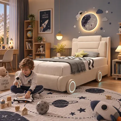 Obrázek produktu pro Dětská postel s polstrováním, rozměry 90x200 cm, postel ve tvaru auta, flanelové potahy, nastavitelná opěrka hlavy, LED osvětlení (béžová)