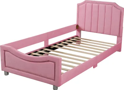 Produktbild von Polsterbett 90x200cm(Ohne Matratze) Kinderbet Eltern-Kind-Bett Jugendbett Gästebett Multifunktionsweichbett Mit Rückenlehne Armlehne Samtstoff Rosa