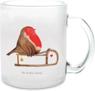 Produktbild von Mr. & Mrs. Panda Trinkglas Rotkehlchen Schlitten - Transparent - Geschenk, Häferl, Haferl, Weihnachten, Vogel, Teetasse, Tee Tasse, Pott