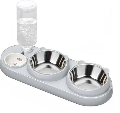 Productafbeelding van Katvoer- en drinkset met waterdispenser, roestvrij staal, 15° helling, verhoogde bakken voor grote en kleine honden
