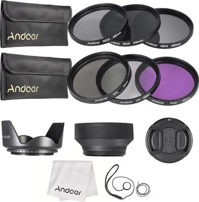 Obrázek produktu pro Andoer 49mm sada filtrů UV + CPL + FLD + ND (ND2 ND4 ND8) s pouzdrem / krytkami objektivu / držákem krytek objektivu / tulipánovou a gumovou krytkou objektivu / čisticím hadříkem