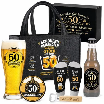 Immagine prodotto di Set regalo per il 50° compleanno da uomo: bicchiere da birra, sottobicchieri, apriscatole, calzini, confezione regalo