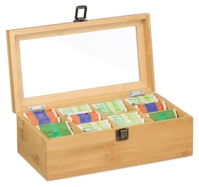 Productafbeelding van Omgoods - Bamboo Theedoos met 10 Compartimenten en Transparante Deksel