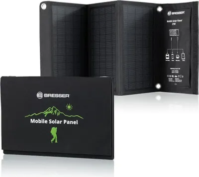 Obrázok produktu pre Solárna nabíjačka Bresser 21 W, skladateľný USB DC panel do exteriéru, monokryštalický, pre smartfóny, tablety, powerbanky a akumulátory, ekologický, na kempovanie