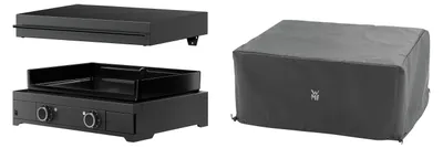 Produktbild von WMF Plancha Set 60E mit Plancha Grill elektrisch/ Planchadeckel / Abdeckhaube, 3200 W, Grillfläche 60 x 40 cm, Gerätemaße 65.5 x 24.5 x 63 cm, Gusseisen / Stahl / Aluminium / Edelstahl, schwarz