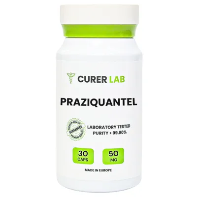 A white bottle of Praziquantel capsules with green accents and text labels.
